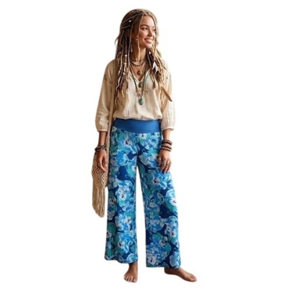 G.I.L.I. Got It Love It Blue Floral Wide Leg Palazzo Pants Boho Small‎ A399054